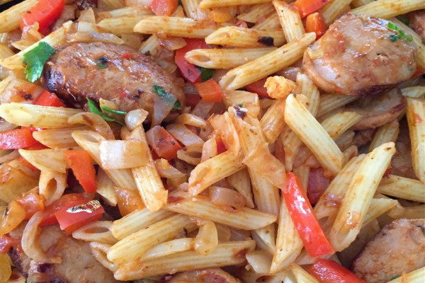 Penne, Peppers, and Chicken-Apple Sausage Saute