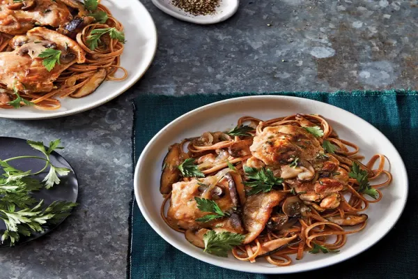 Slow Cooker Chicken with Rosemary & Mushrooms over Linguine
