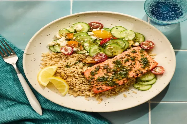 Lemony Salmon Rice Bowl with Feta Cucumber & Tomato Salad