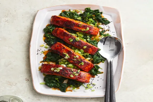 Gochujang Glazed Salmon with Garlic Spinach