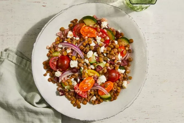 Lentil Salad with Feta Tomatoes Cucumbers & Olives