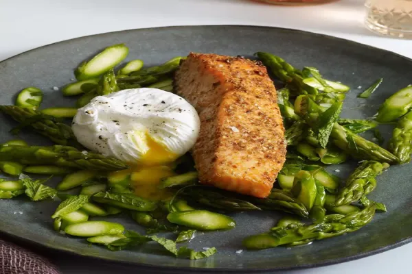 Coriander & Lemon Crusted Salmon with Asparagus Salad & Poached Egg