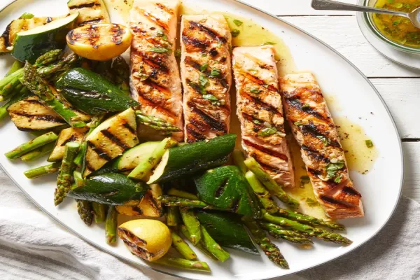 Grilled Salmon & Vegetables with Charred Lemon Garlic Vinaigrette