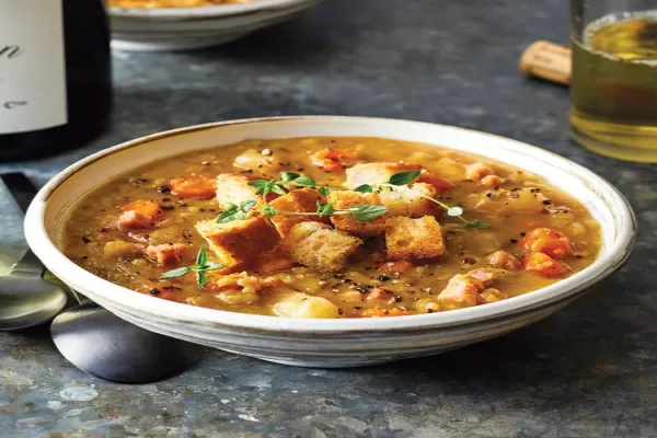 Slow Cooker Split Pea Soup with Garlicky Croutons