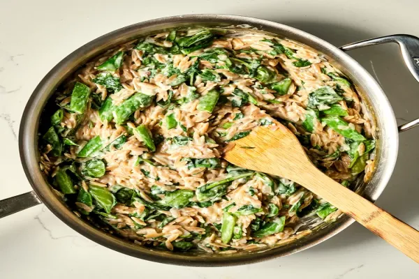 Creamy Lemon Orzo with Spinach & Snap Peas