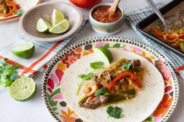 Sheet Pan Steak and Shrimp Fajitas