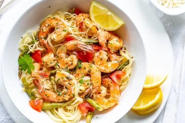 Shrimp Scampi with Tomatoes, Pasta, and Roasted Asparagus
