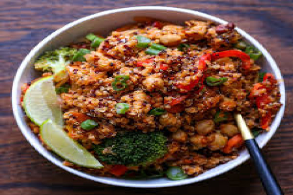 Pantry Curried Quinoa with Garbanzo Beans and Roasted Peppers