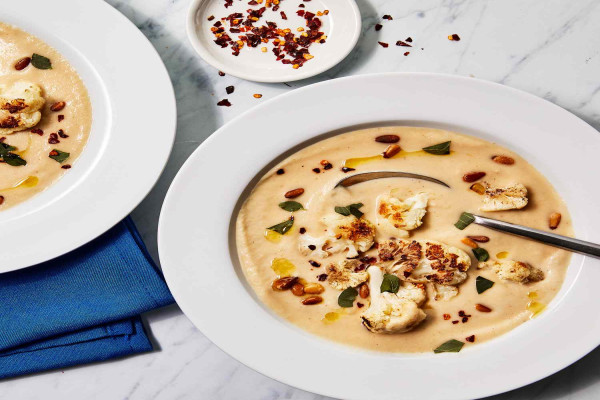 Roasted Vegan Cauliflower Soup with Parsley Chive Swirl